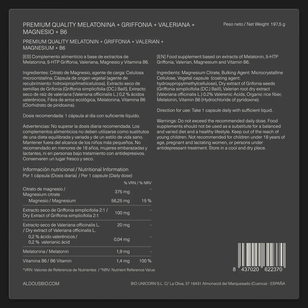 Melatonina con Magnesio, Griffonia, Valeriana y Vitamina B6
