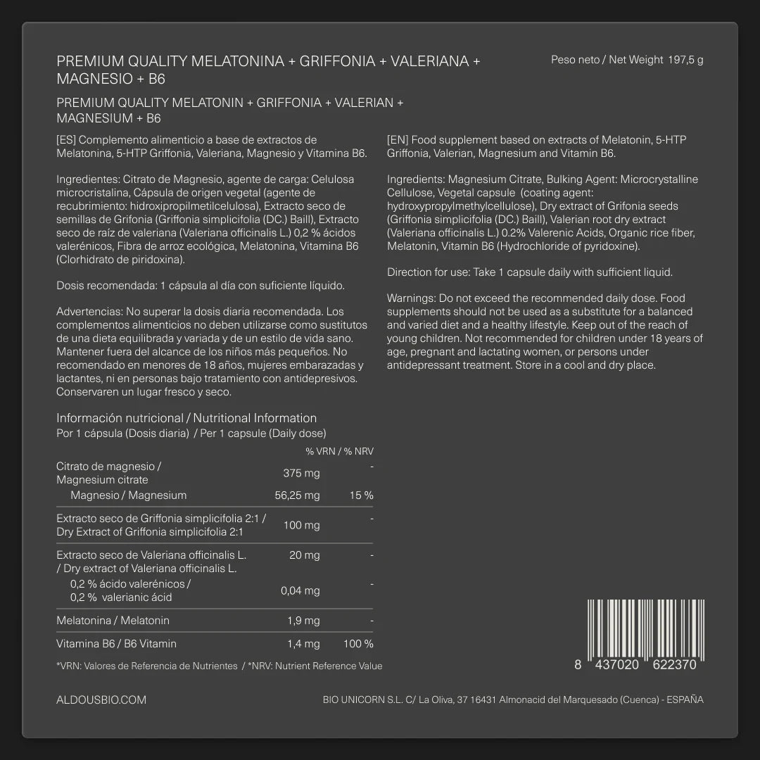 Melatonina con Magnesio, Griffonia, Valeriana y Vitamina B6