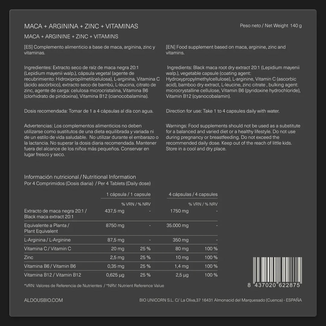 Maca negra con L-Arginina, Zinc y Vitaminas